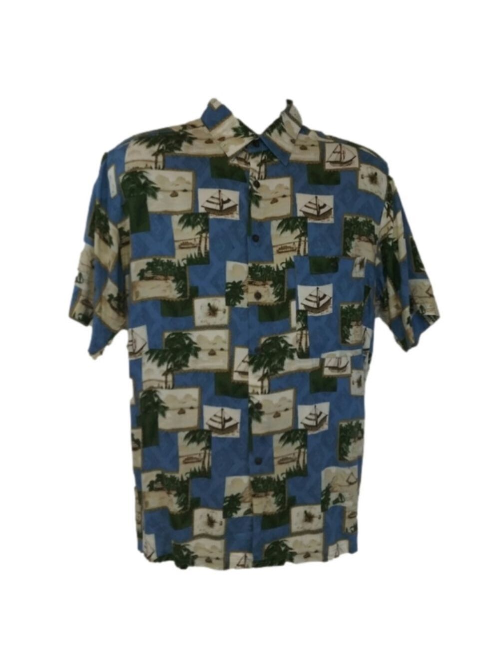 𝅺John Ashford Blue Sailboat Palm Leaf Print Short Sleeve Button Down Shirt